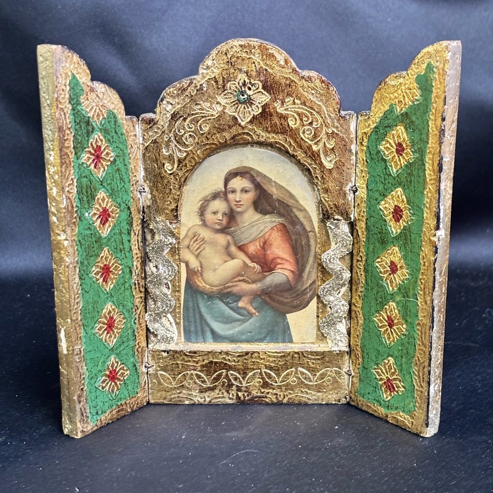 Make offer! Elegant Gold and Green Religious Triptych